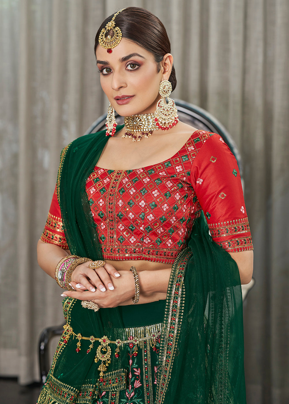 Green & Red Multi Sequins & Thread Wedding A Line Lehenga Clothsvilla
