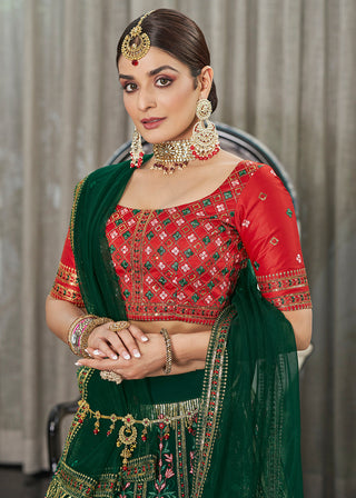 Green & Red Multi Sequins & Thread Wedding A Line Lehenga Clothsvilla
