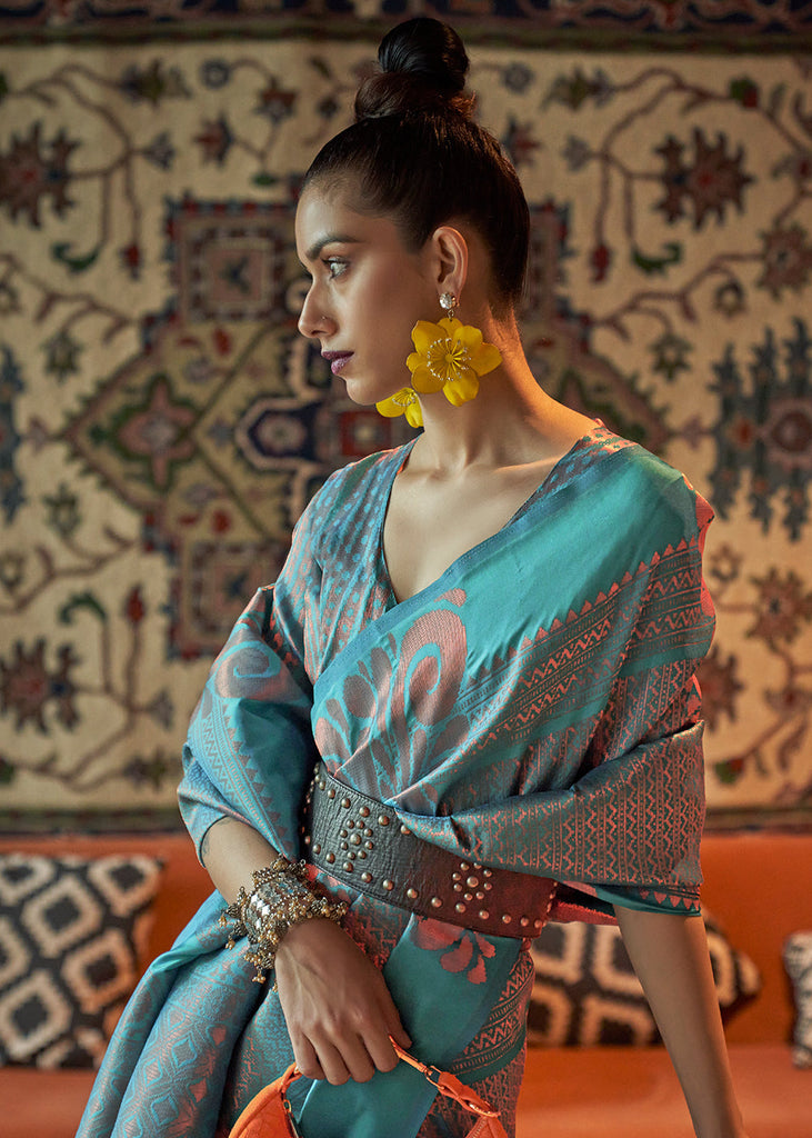 Tiffany Blue Copper Zari Handloom Weaving Silk Saree Clothsvilla