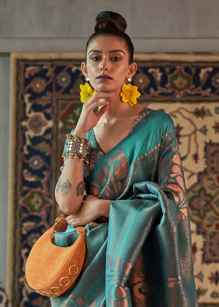 Tiffany Blue Copper Zari Handloom Weaving Silk Saree Clothsvilla