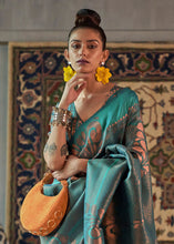 Load image into Gallery viewer, Tiffany Blue Copper Zari Handloom Weaving Silk Saree Clothsvilla