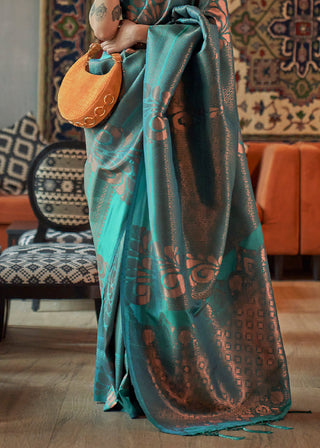 Tiffany Blue Copper Zari Handloom Weaving Silk Saree Clothsvilla