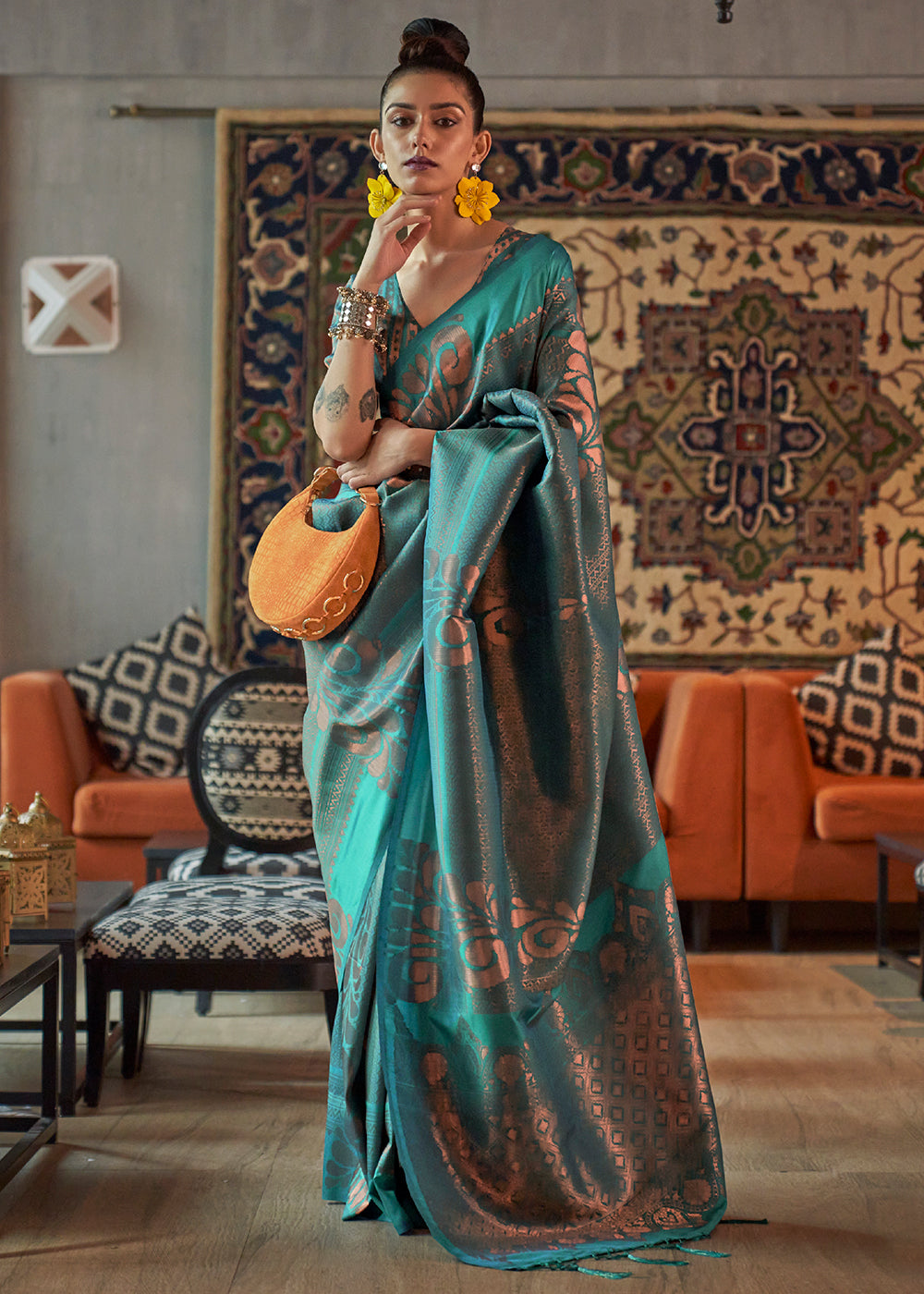 Tiffany Blue Copper Zari Handloom Weaving Silk Saree Clothsvilla