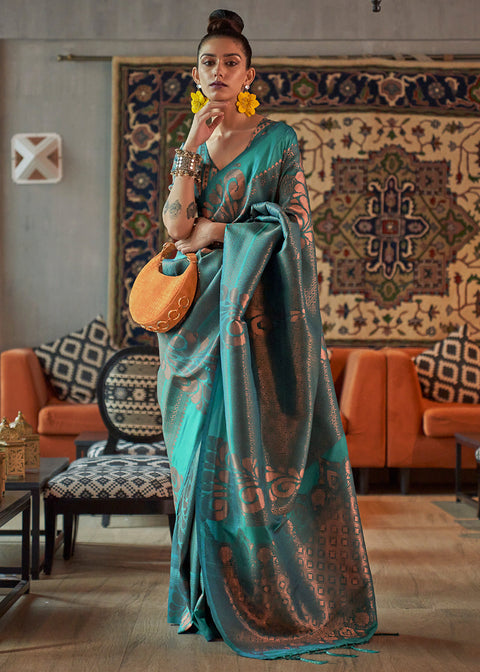 Tiffany Blue Copper Zari Handloom Weaving Silk Saree Clothsvilla Main image