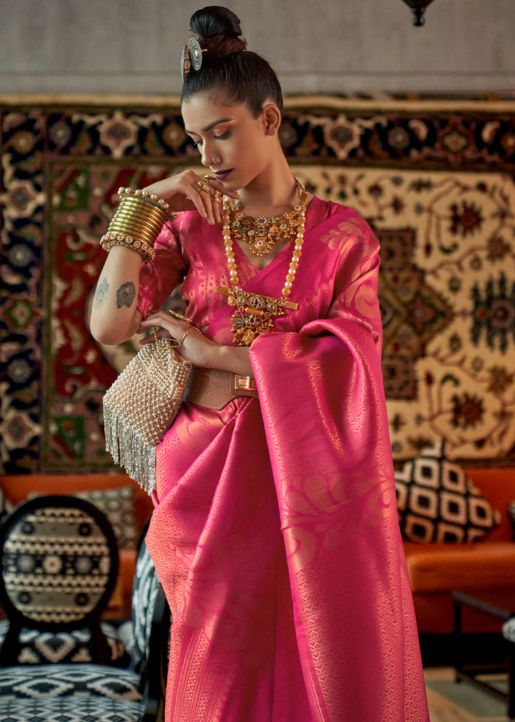 Hot Pink Copper Zari Handloom Weaving Silk Saree Clothsvilla