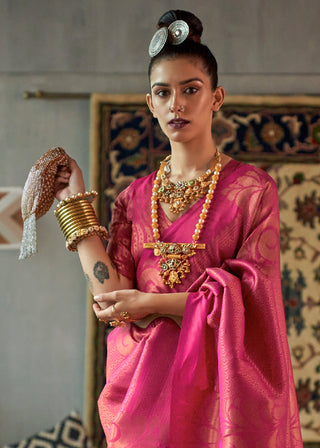Hot Pink Copper Zari Handloom Weaving Silk Saree Clothsvilla