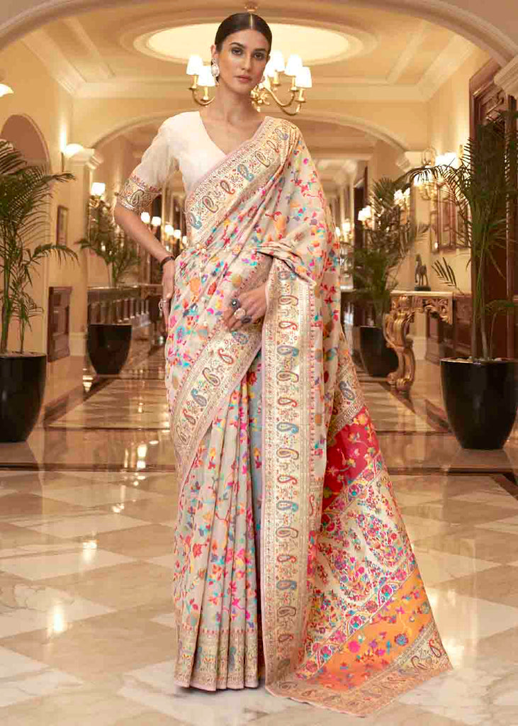 Buy White Banarasi Silk Saree with Pink Border Online | Bridal Sale – Sunasa