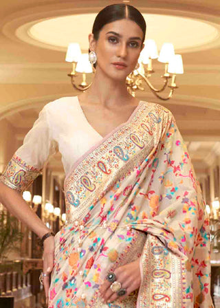 Parchment White Banarasi Jamawar Woven Silk Saree Clothsvilla