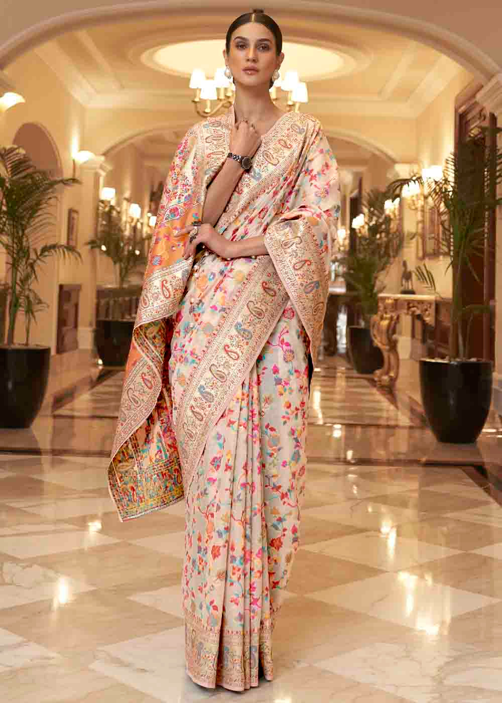 Parchment White Banarasi Jamawar Woven Silk Saree Clothsvilla Main image