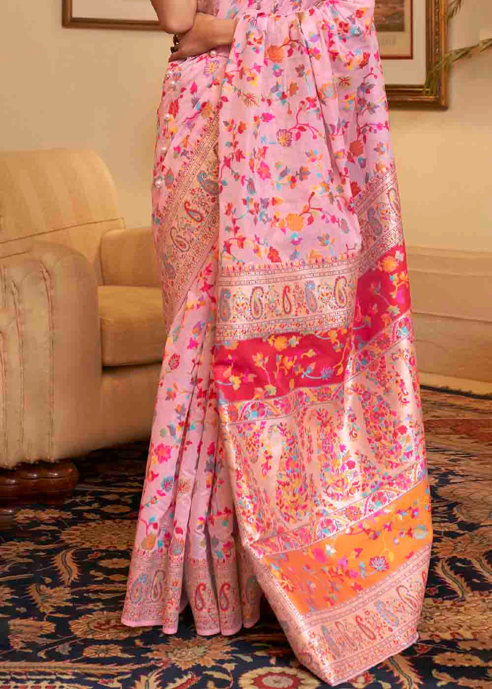 Carnation Pink Banarasi Jamawar Woven Silk Saree Clothsvilla
