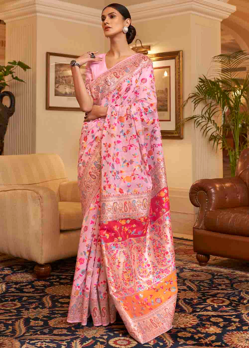 Carnation Pink Banarasi Jamawar Woven Silk Saree Clothsvilla Main image
