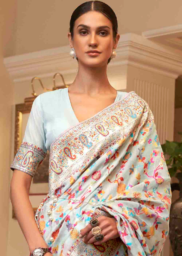 Pastel Blue Banarasi Jamawar Woven Silk Saree Clothsvilla