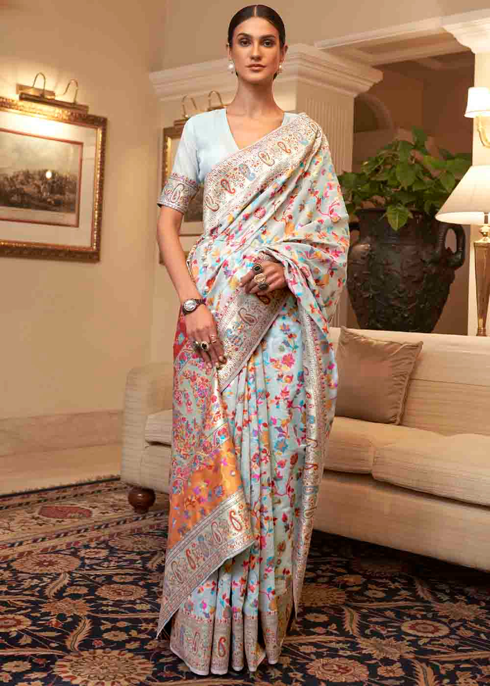 Pastel Blue Banarasi Jamawar Woven Silk Saree Clothsvilla Main image
