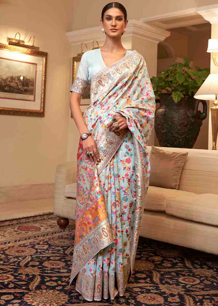 Pastel Blue Banarasi Jamawar Woven Silk Saree Clothsvilla