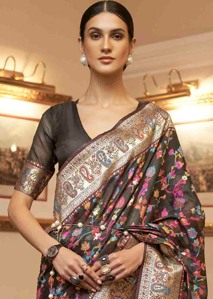 Charcoal Black Banarasi Jamawar Woven Silk Saree Clothsvilla