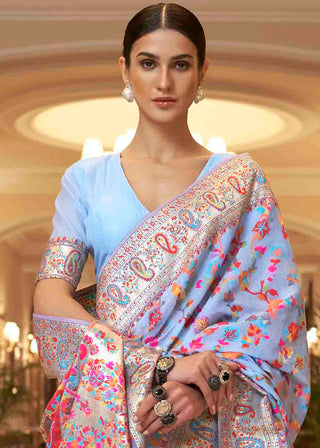 Cornflower Blue Banarasi Jamawar Woven Silk Saree Clothsvilla
