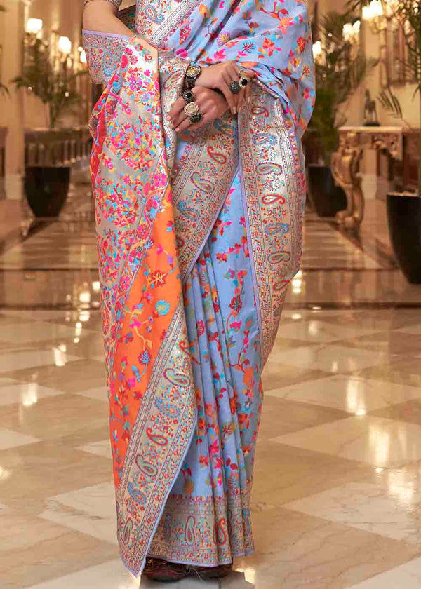 Cornflower Blue Banarasi Jamawar Woven Silk Saree Clothsvilla