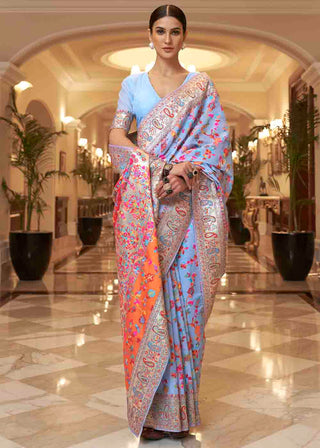 Cornflower Blue Banarasi Jamawar Woven Silk Saree Clothsvilla