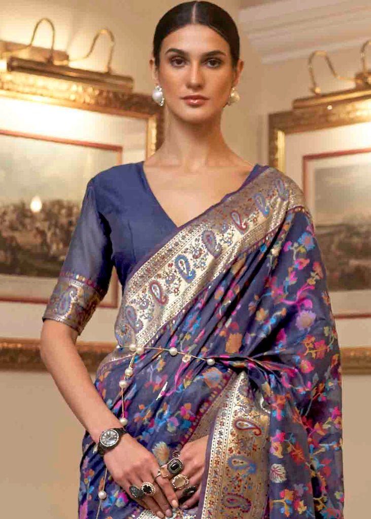 Admiral Blue Banarasi Jamawar Woven Silk Saree Clothsvilla