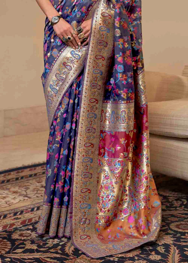 Admiral Blue Banarasi Jamawar Woven Silk Saree Clothsvilla