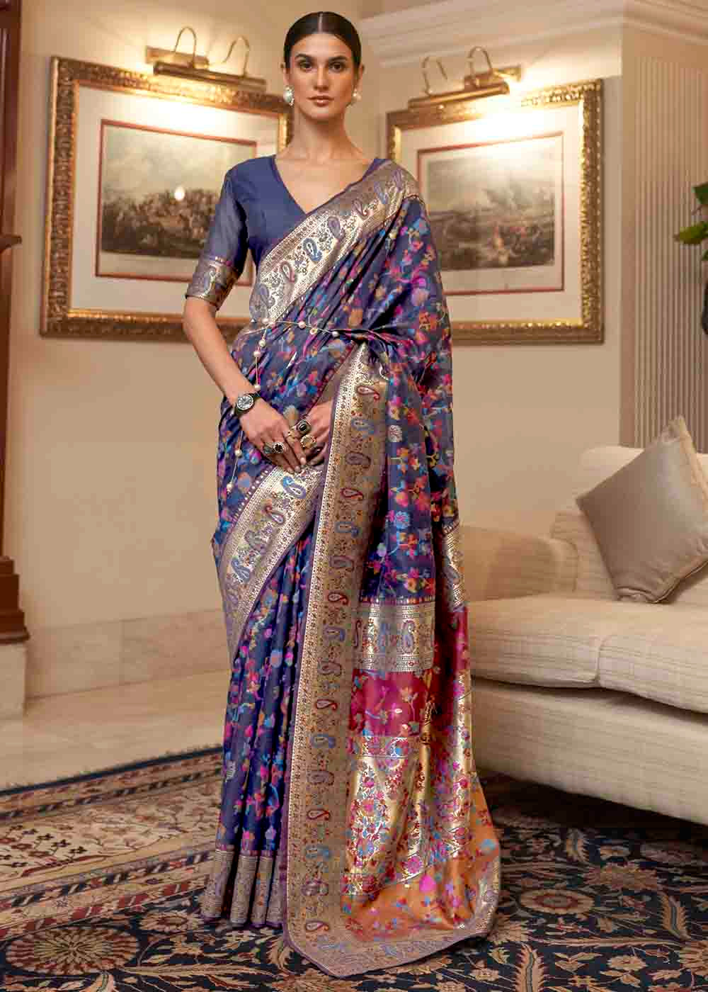 Admiral Blue Banarasi Jamawar Woven Silk Saree Clothsvilla Main image