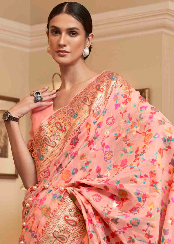 Peach Pink Banarasi Jamawar Woven Silk Saree Clothsvilla
