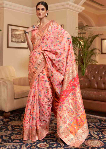 Peach Pink Banarasi Jamawar Woven Silk Saree Clothsvilla