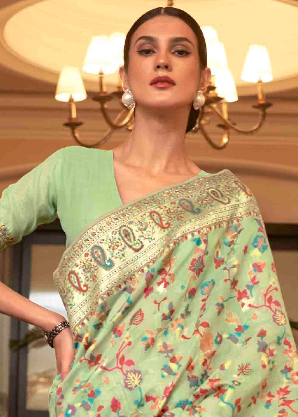 Pastel Green Banarasi Jamawar Woven Silk Saree Clothsvilla