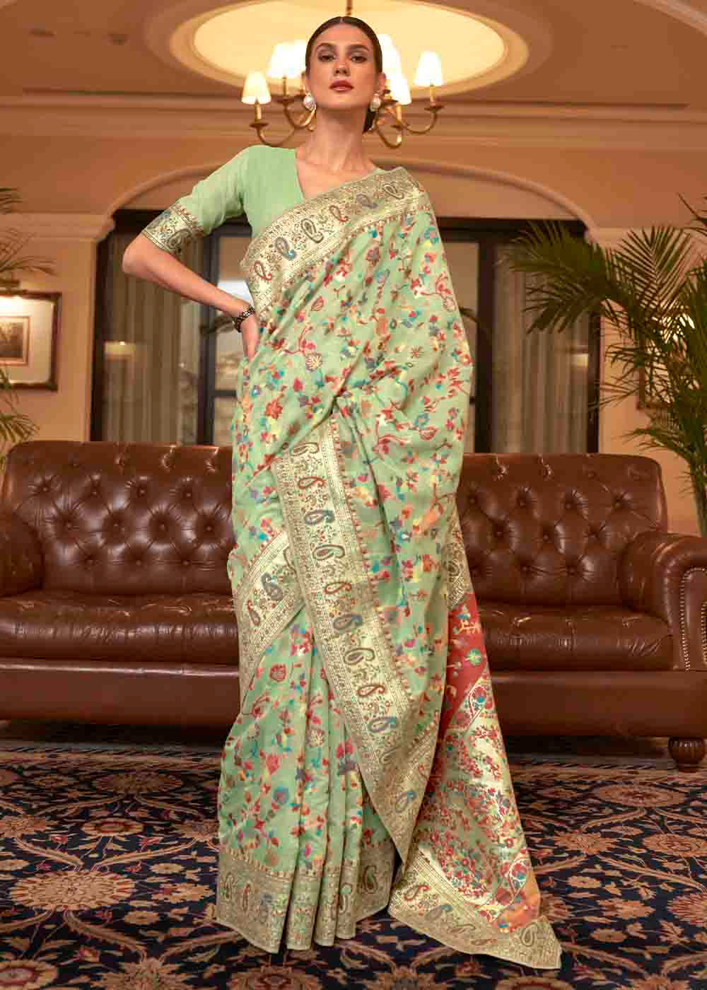 Pastel Green Banarasi Jamawar Woven Silk Saree Clothsvilla Main image