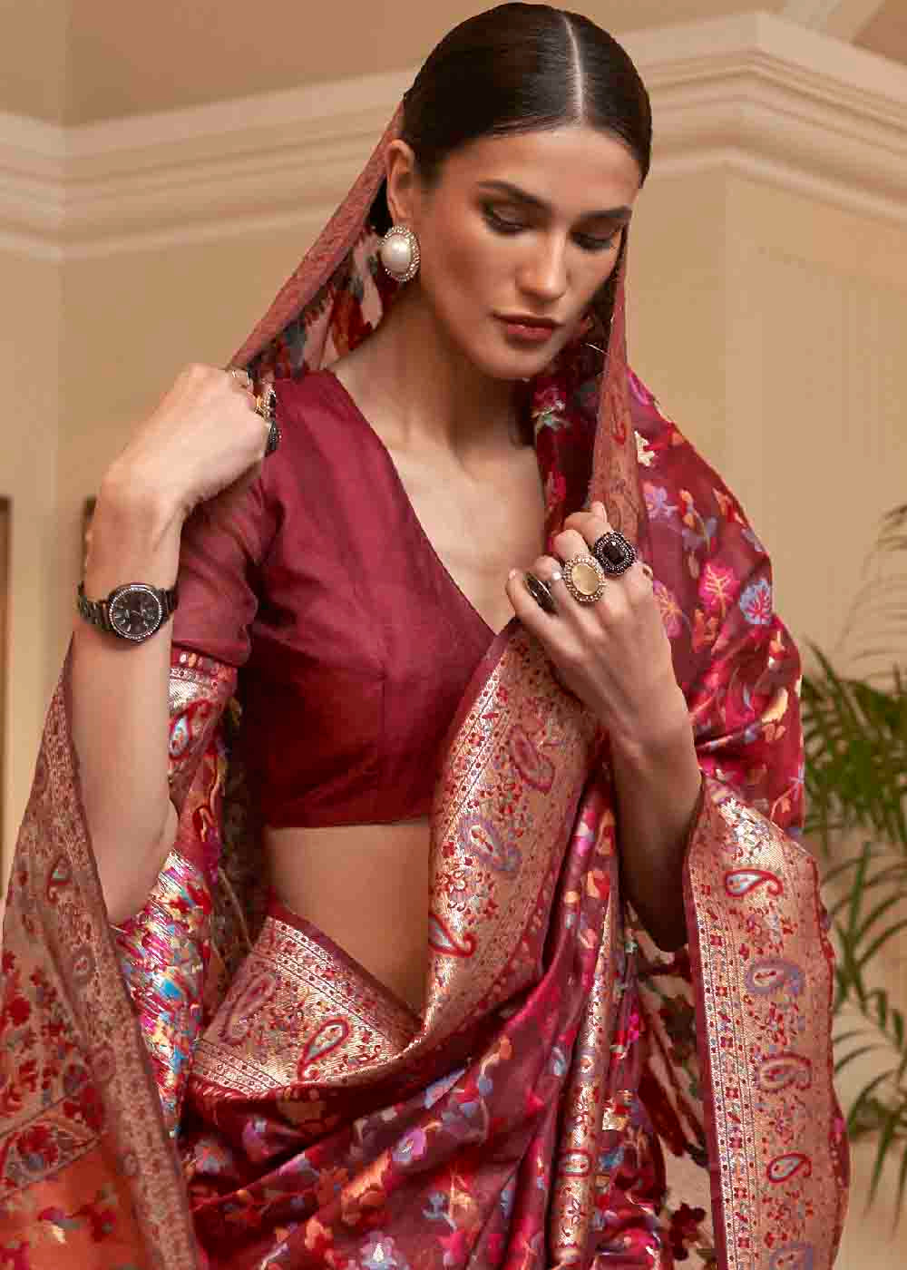 Sienna Brown Banarasi Jamawar Woven Silk Saree Clothsvilla