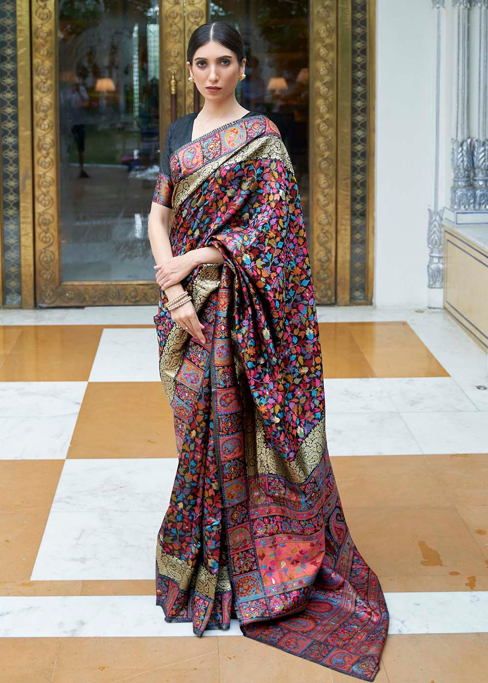 Onyx Black Banarasi Jamawar Woven Silk Saree Clothsvilla