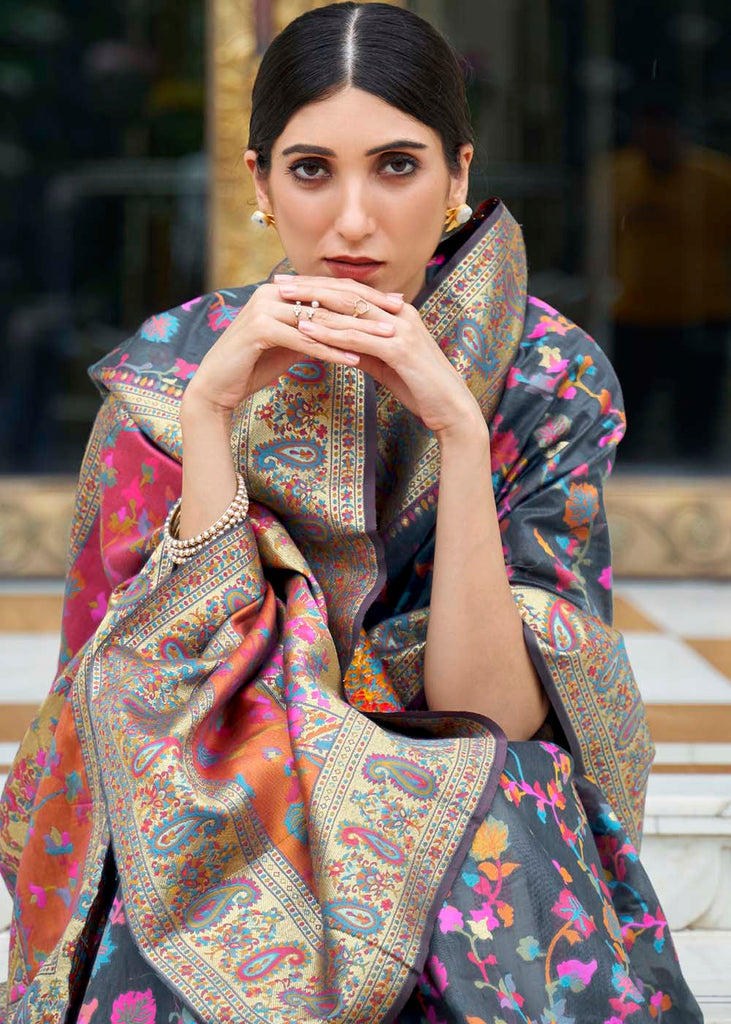 Anchor Grey Banarasi Jamawar Woven Silk Saree Clothsvilla