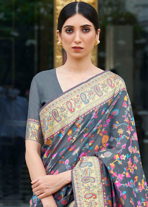 Anchor Grey Banarasi Jamawar Woven Silk Saree Clothsvilla