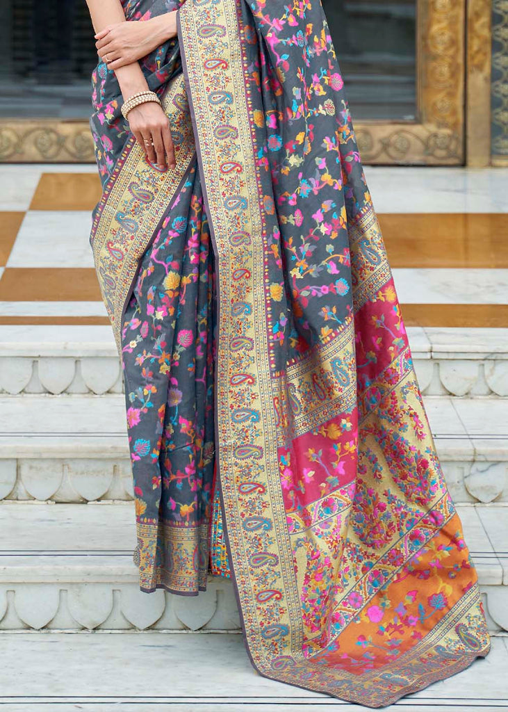 Anchor Grey Banarasi Jamawar Woven Silk Saree Clothsvilla