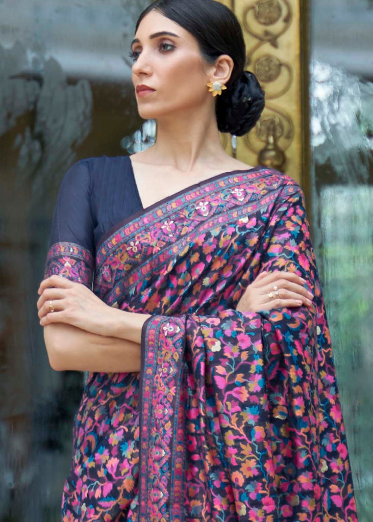 French Navy Blue Banarasi Jamawar Woven Silk Saree : Top Pick Clothsvilla