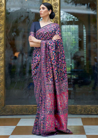 French Navy Blue Banarasi Jamawar Woven Silk Saree : Top Pick Clothsvilla