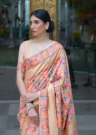 Beige Brown & Pink Banarasi Jamawar Woven Silk Saree : Top Pick Clothsvilla