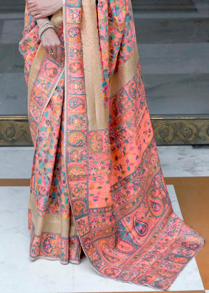 Beige Brown & Pink Banarasi Jamawar Woven Silk Saree : Top Pick Clothsvilla