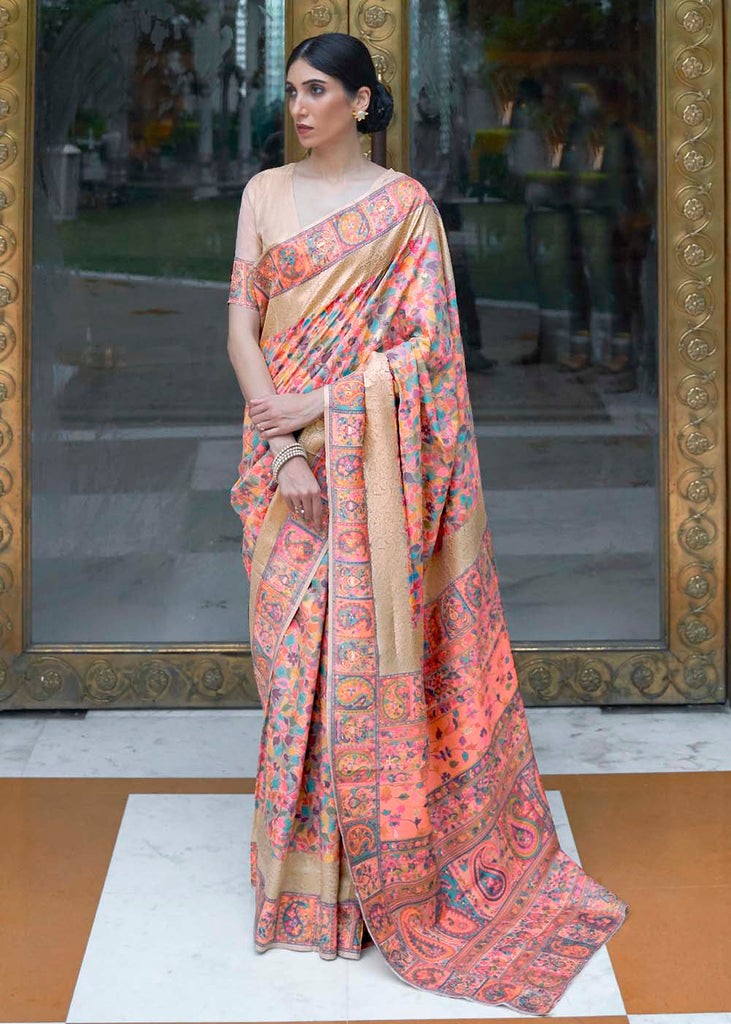 Beige Brown & Pink Banarasi Jamawar Woven Silk Saree : Top Pick Clothsvilla