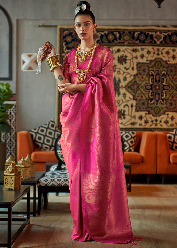 Hot Pink Copper Zari Handloom Weaving Silk Saree Clothsvilla