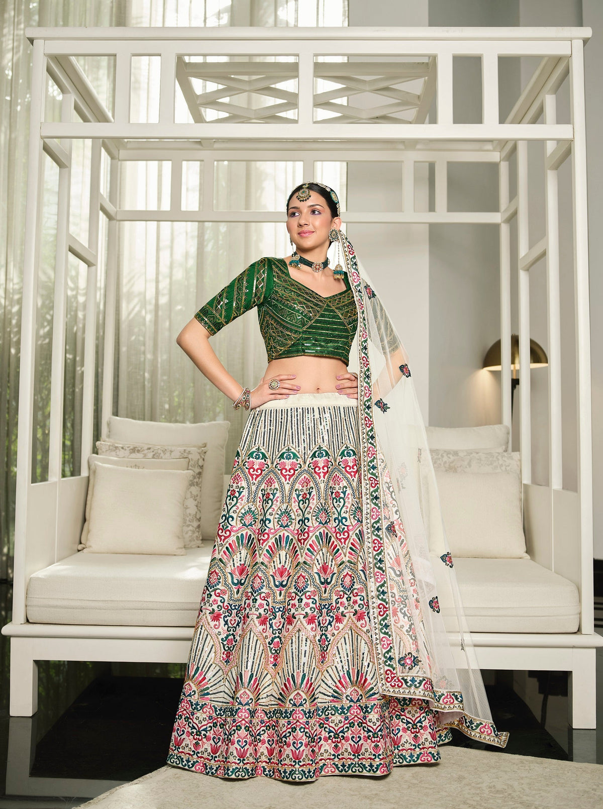 Wedding Wear White With Green Sequence Embroidered Work Lehenga Choli Clothsvilla Main image