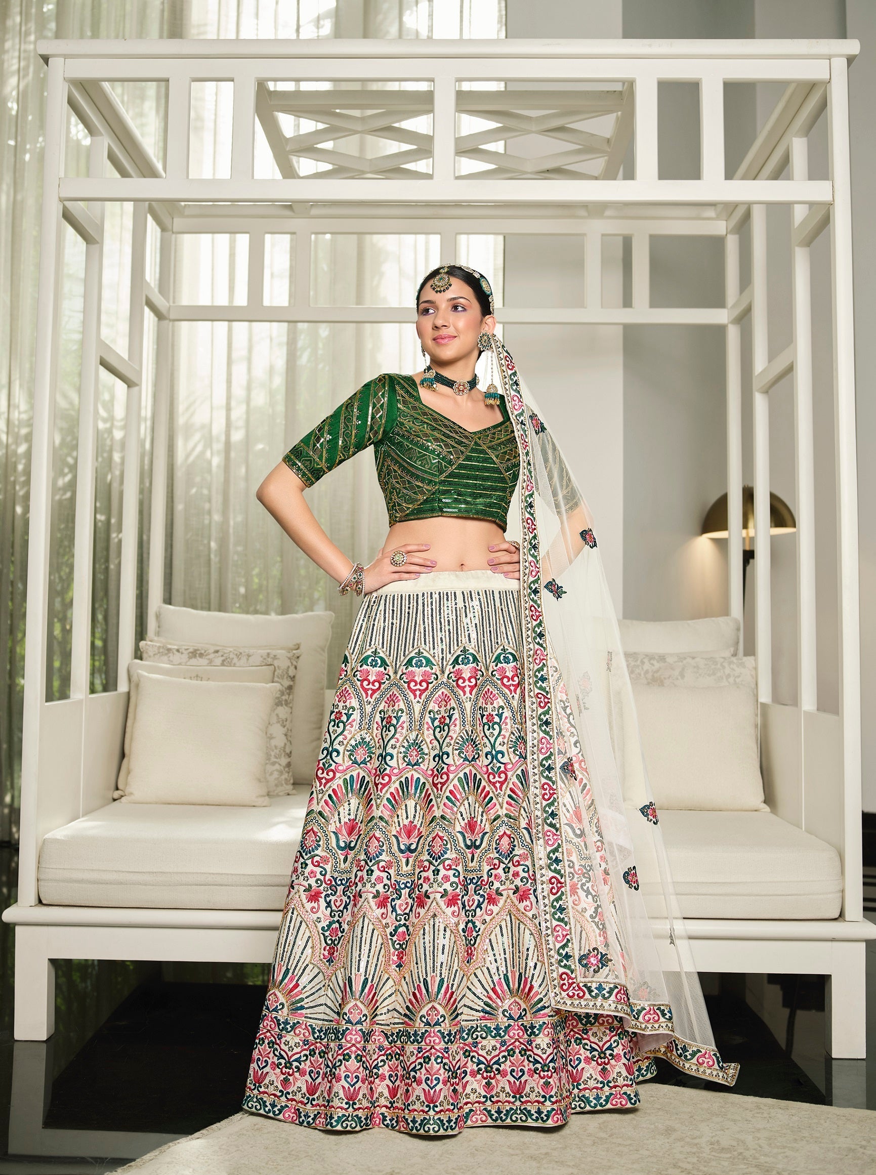 Wedding Wear White With Green Sequence Embroidered Work Lehenga Choli Clothsvilla Main image