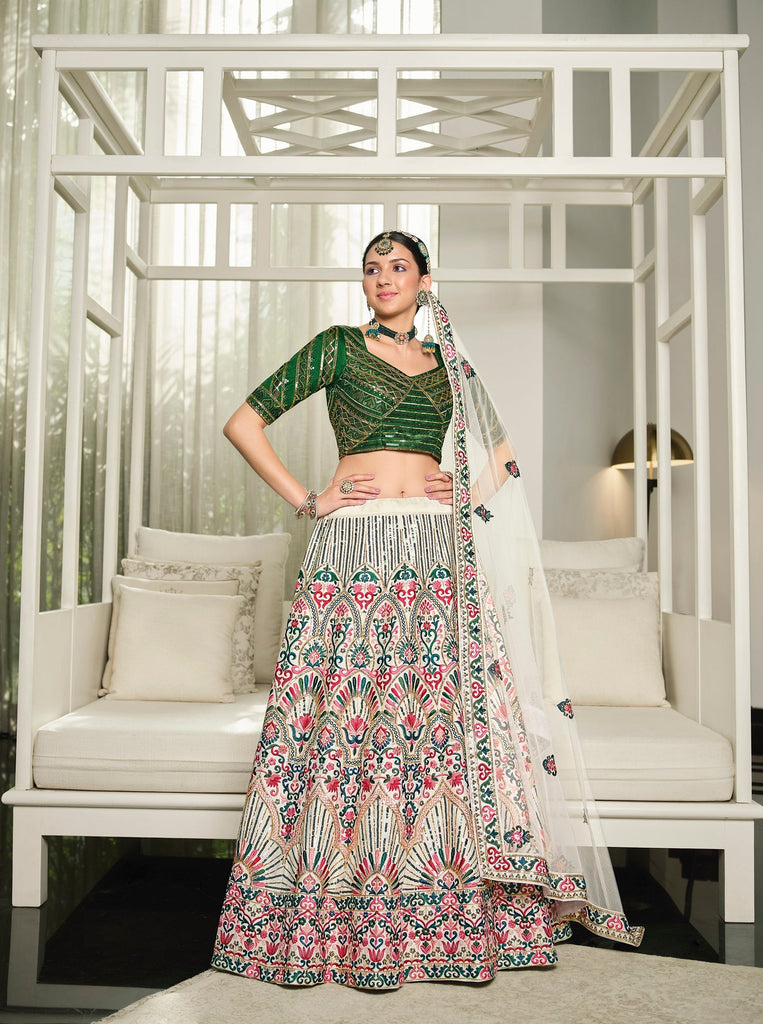 Wedding Wear White With Green Sequence Embroidered Work Lehenga Choli Clothsvilla