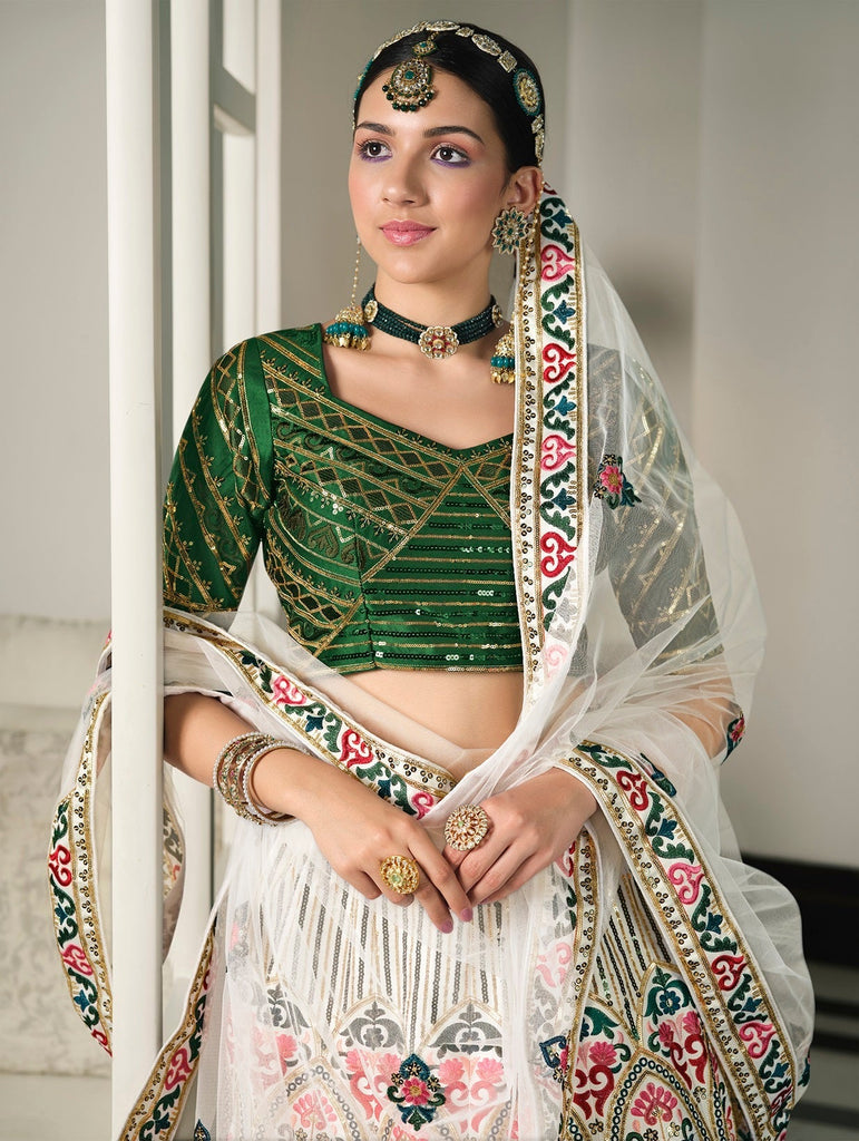 Wedding Wear White With Green Sequence Embroidered Work Lehenga Choli Clothsvilla