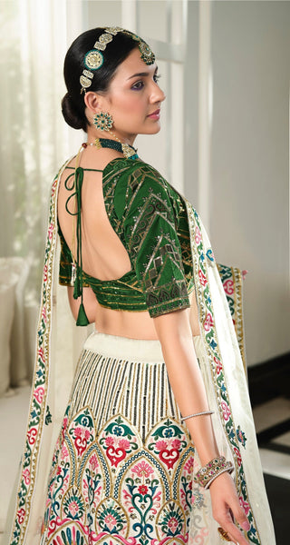 Wedding Wear White With Green Sequence Embroidered Work Lehenga Choli Clothsvilla