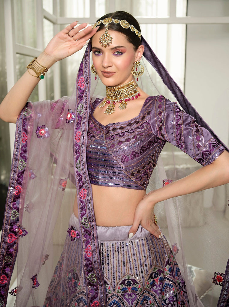 Wedding Wear Dusty Pink With Purple Sequence Embroidered Work Lehenga Choli Clothsvilla
