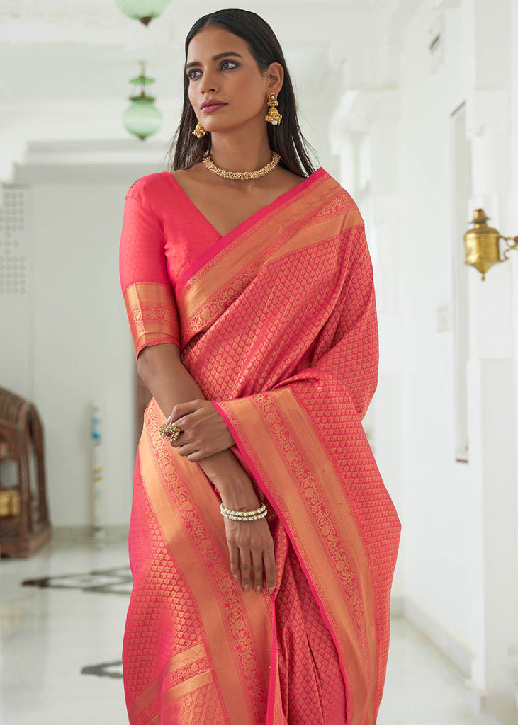 Neon Pink Woven Kanjivaram Silk Saree Clothsvilla