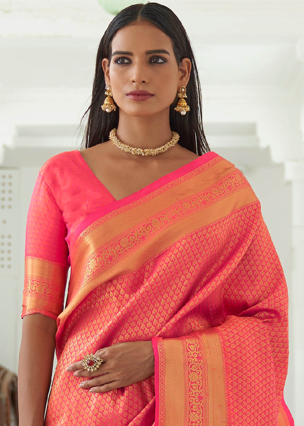 Neon Pink Woven Kanjivaram Silk Saree Clothsvilla