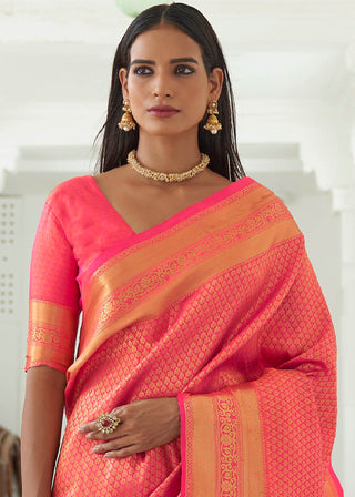 Neon Pink Woven Kanjivaram Silk Saree Clothsvilla