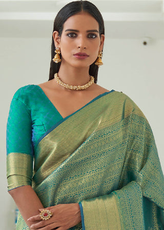 Caribbean Green Woven Kanjivaram Silk Saree Clothsvilla